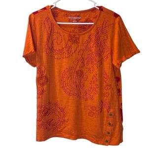 SOFT SURROUNDINGS Orange Floral Embroidered Short Sleeve Top Sz Medium